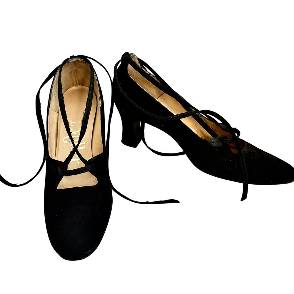 I. Miller Black Suede 40's Pinup Style Strappy Kitten Heel Pumps Ankle Tie Retro
